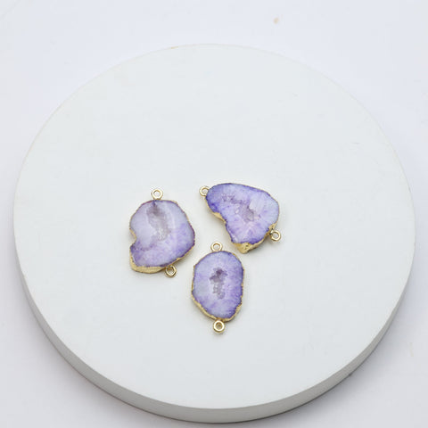 Violet natural geode slice connectors featuring raw druzy crystals and gold trim