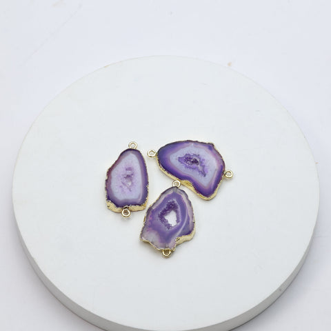 Raw purple geode slice druzy pendants with gold trim for jewelry making