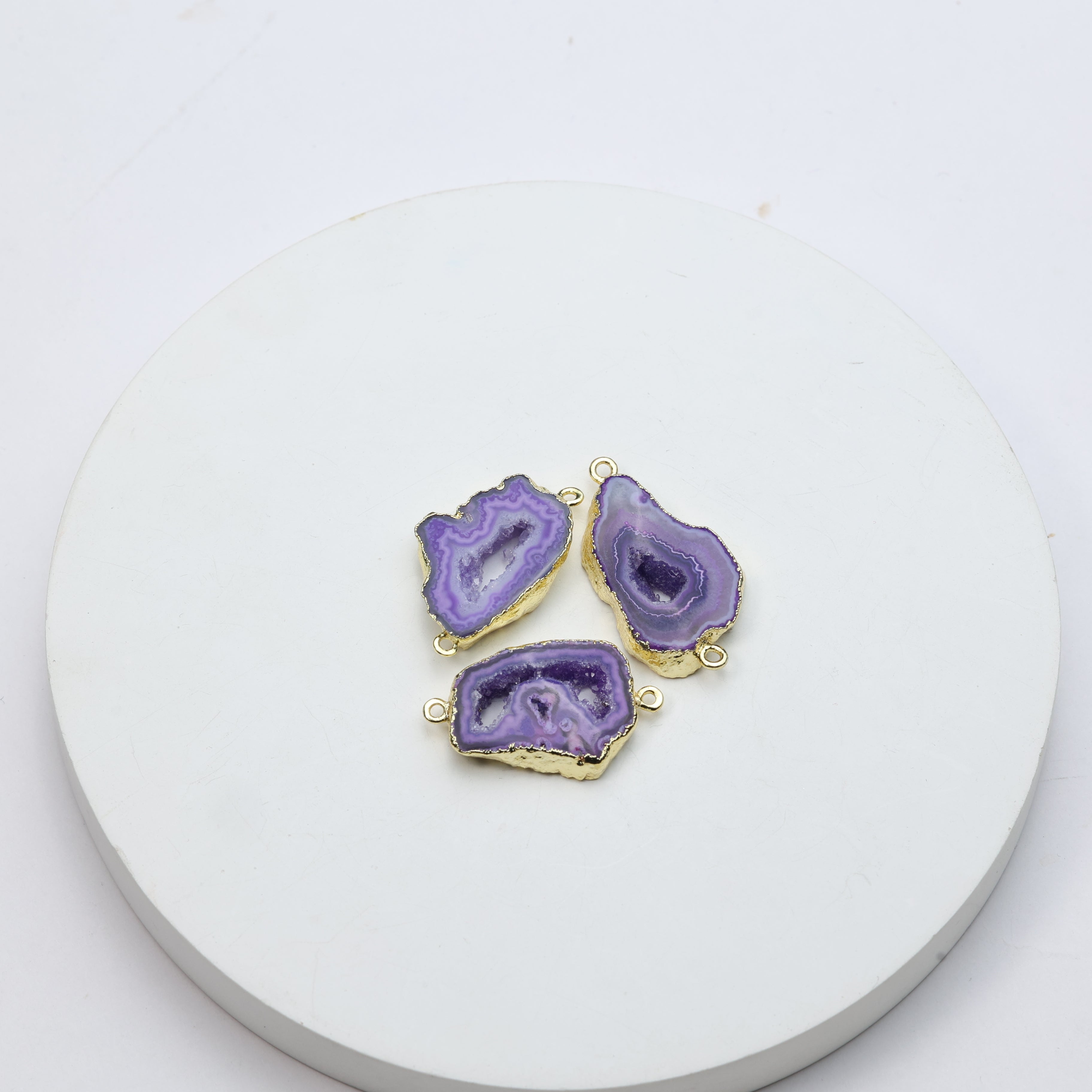 Hand-cut purple agate geode druzy connectors with gold borders for DIY jewelry