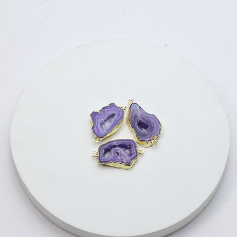 Hand-cut purple agate geode druzy connectors with gold borders for DIY jewelry