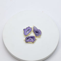 Hand-cut purple agate geode druzy connectors with gold borders for DIY jewelry