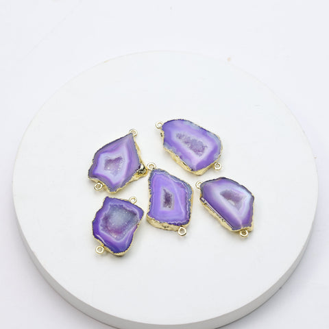 Long purple geode slice pendants with druzy crystals and gold-plated rims