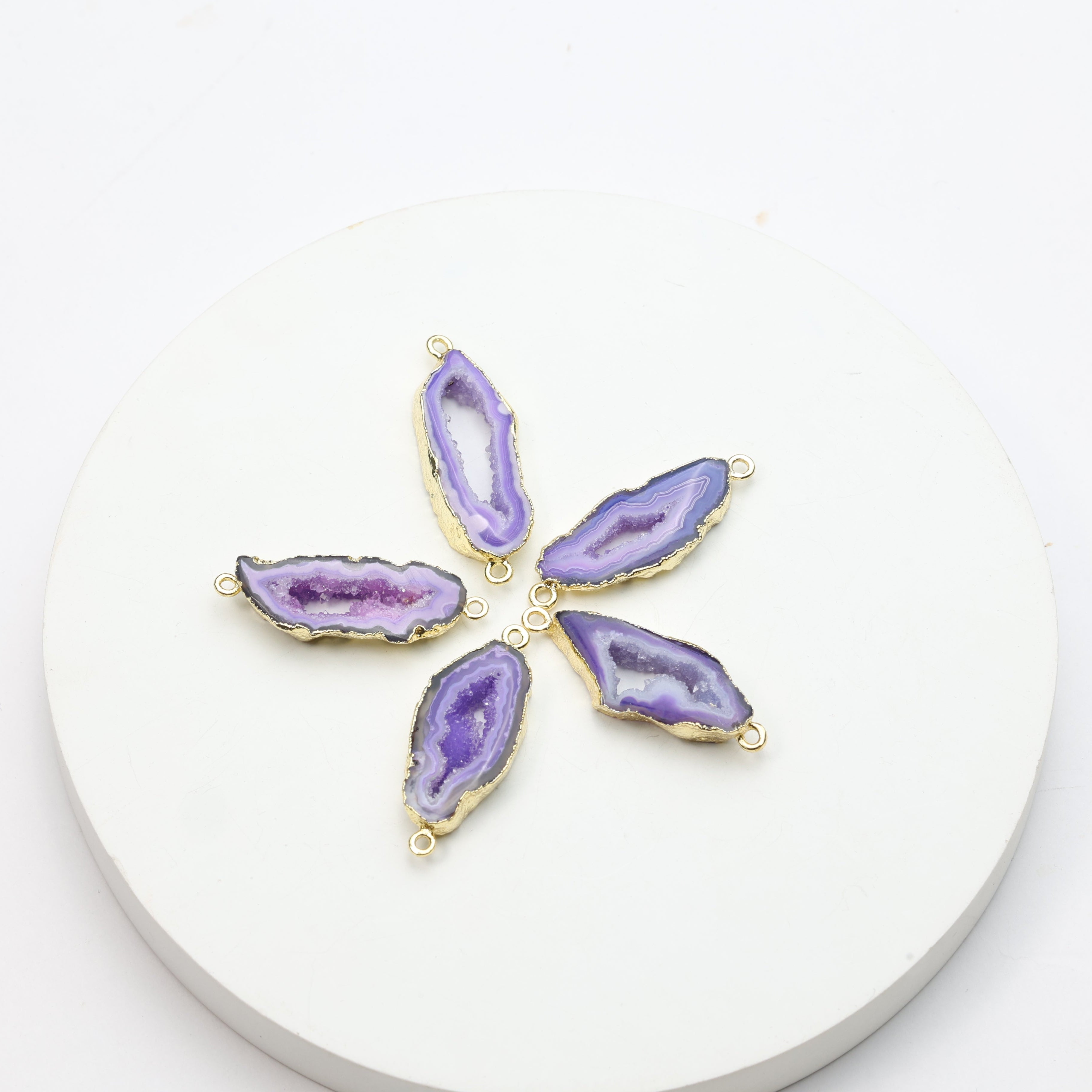 Purple geode slice druzy connectors with gold-plated edges for handmade jewelry