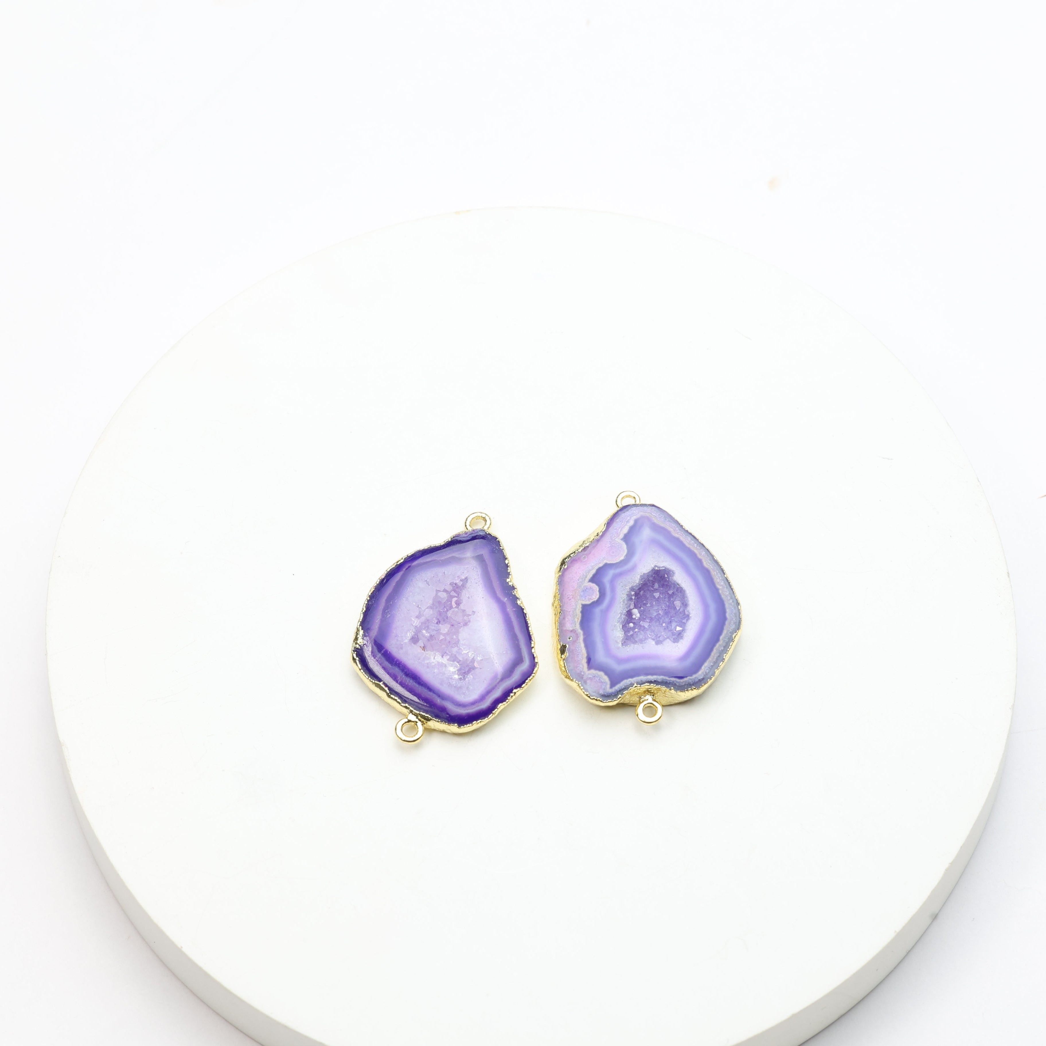 Polished purple agate geode slice connectors with shimmering druzy centers