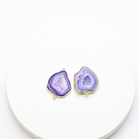 Polished purple agate geode slice connectors with shimmering druzy centers