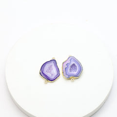 Polished purple agate geode slice connectors with shimmering druzy centers