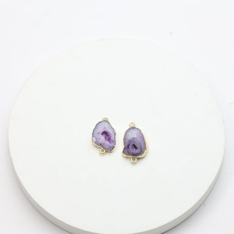 Unique purple geode slice charms with natural druzy texture and gold connector loops