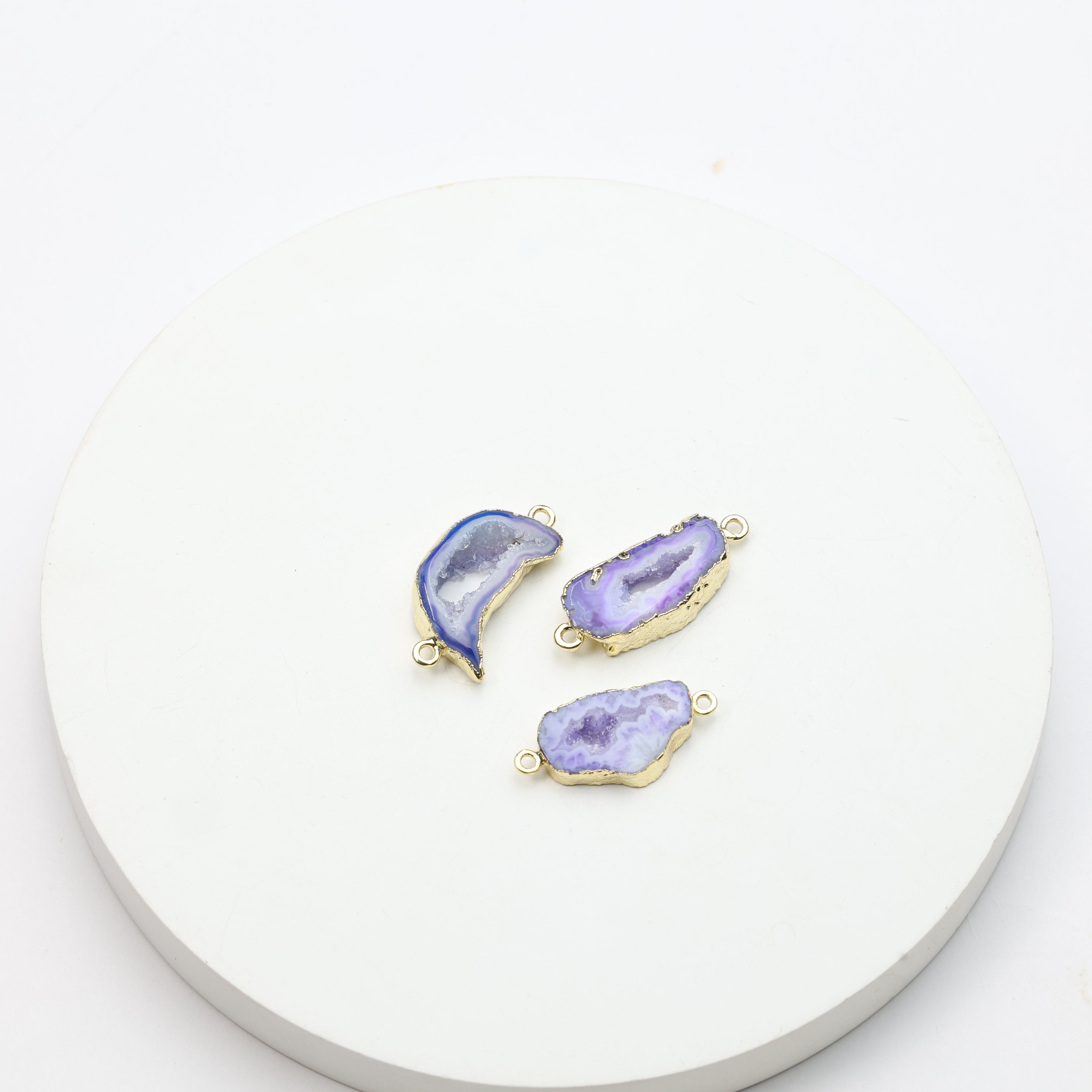 Dyed purple agate geode druzy connectors with gold edging for DIY necklaces and bracelets