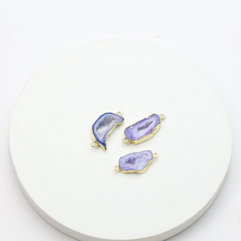 Dyed purple agate geode druzy connectors with gold edging for DIY necklaces and bracelets