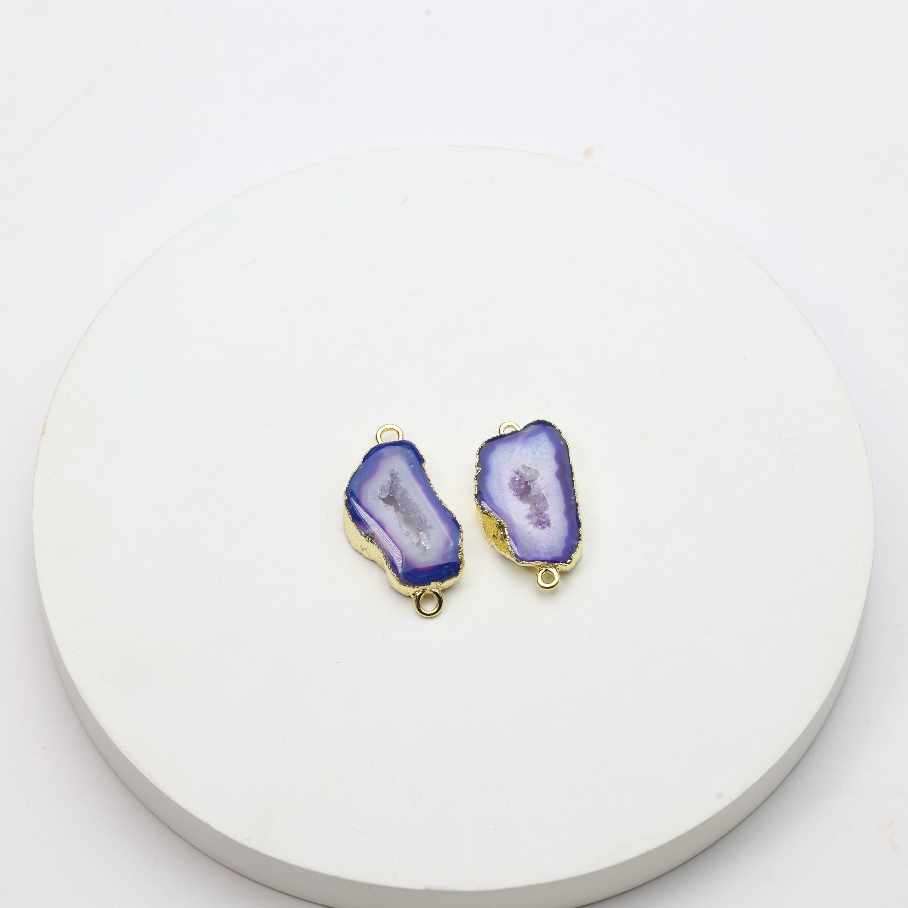 Long oval purple geode slice connectors with shimmering druzy centers and gold borders