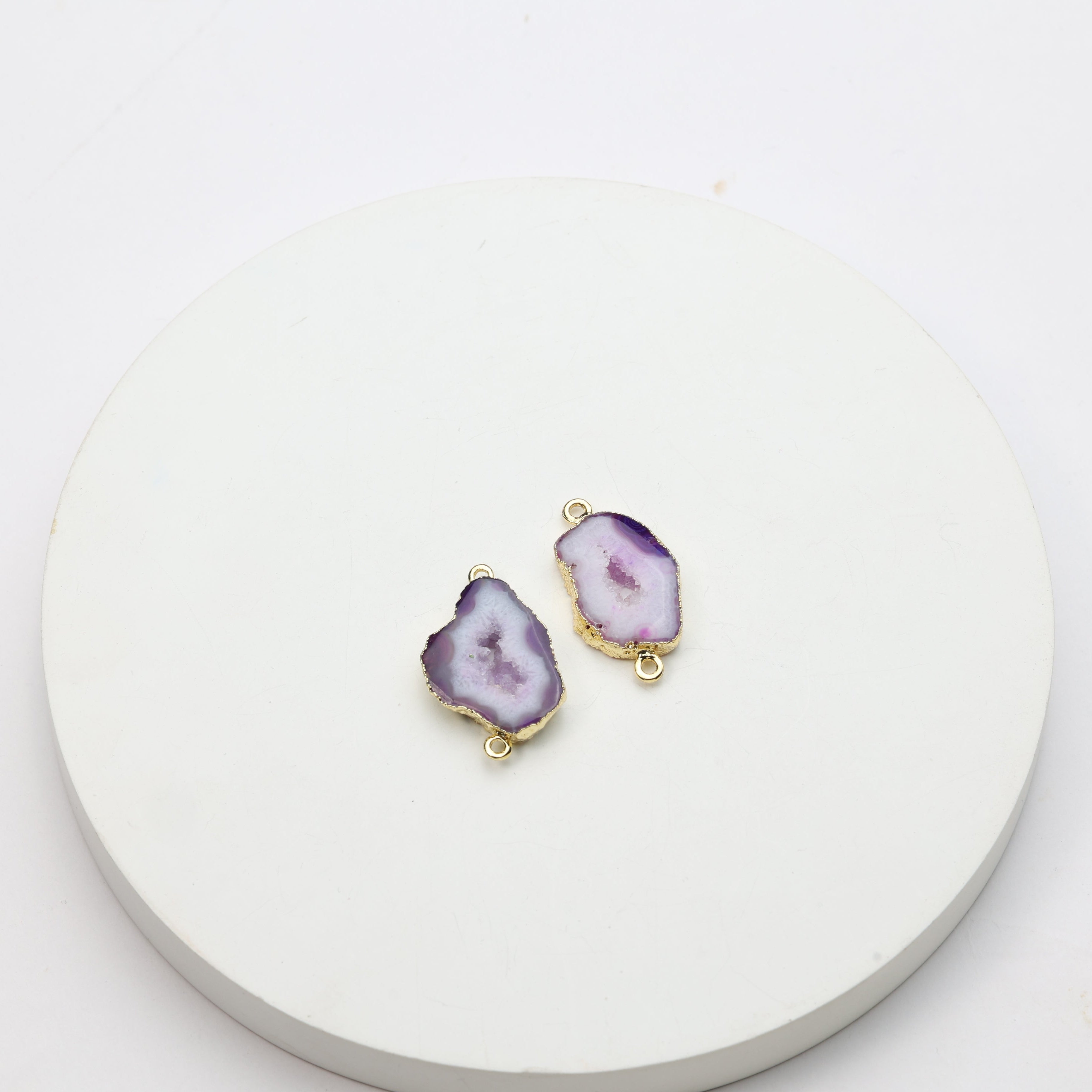 Natural purple geode slice components with druzy crystals and gold-plated frames