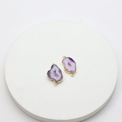 Natural purple geode slice components with druzy crystals and gold-plated frames