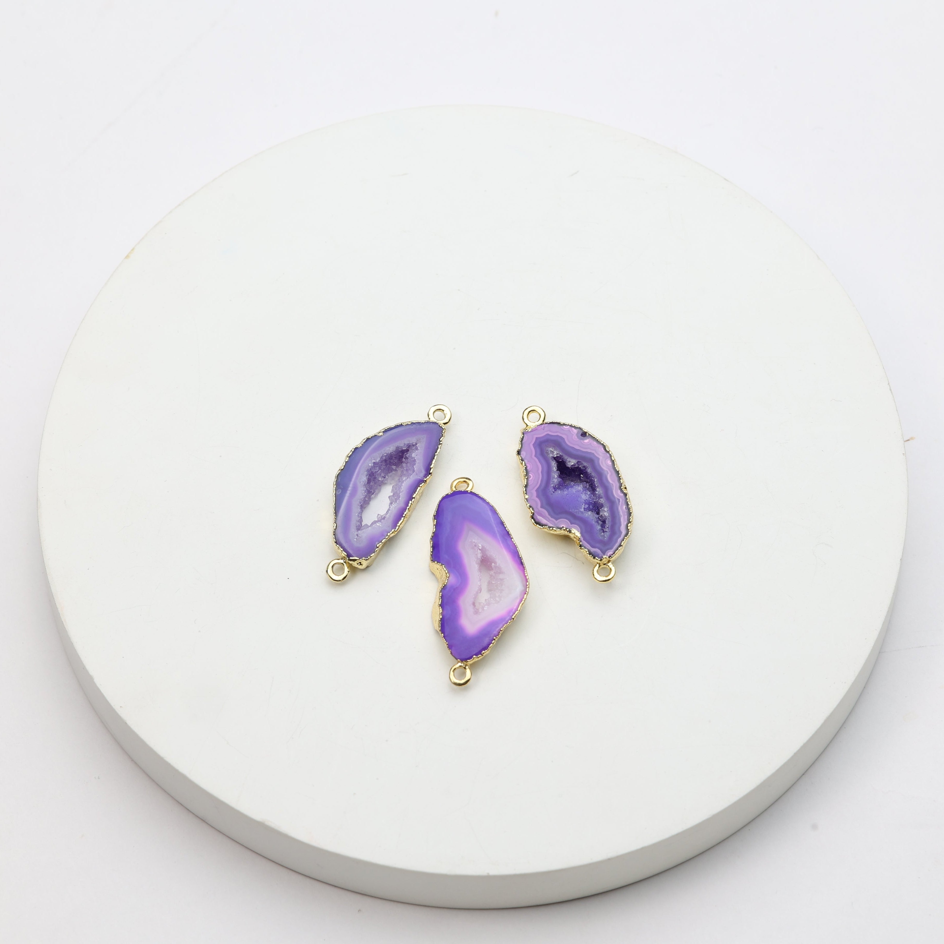 Slim purple agate geode connectors featuring natural druzy crystals and gold trim