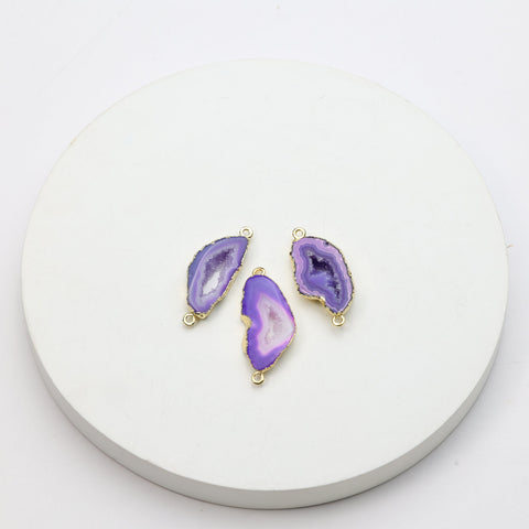 Slim purple agate geode connectors featuring natural druzy crystals and gold trim