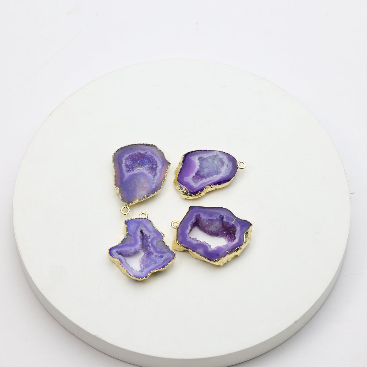 Purple geode slice druzy charms with gold-plated bezels for handmade jewelry designs