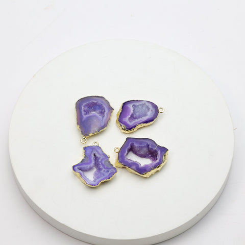 Purple geode slice druzy charms with gold-plated bezels for handmade jewelry designs