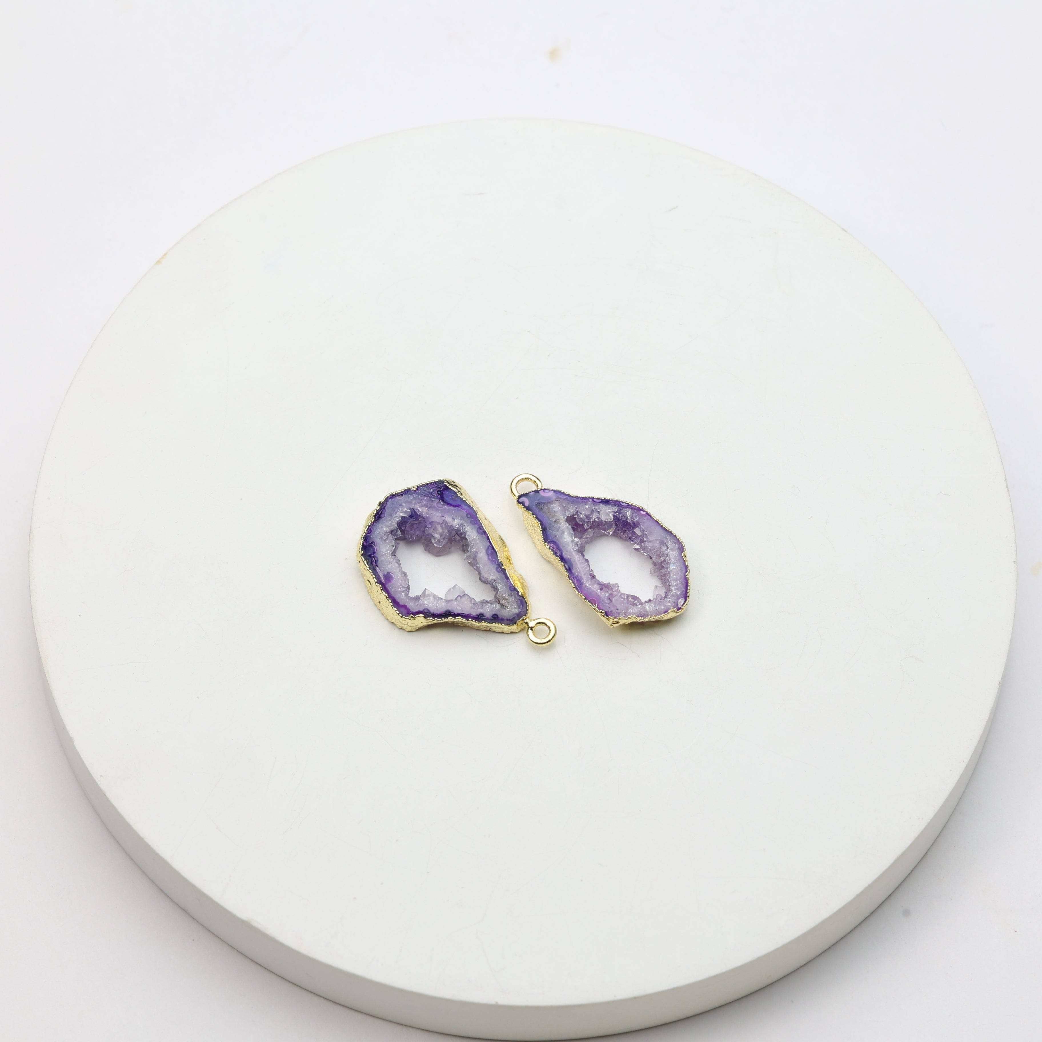 Vertical purple geode slice charms with gold-plated rims for jewelry making