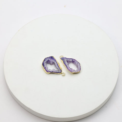 Vertical purple geode slice charms with gold-plated rims for jewelry making