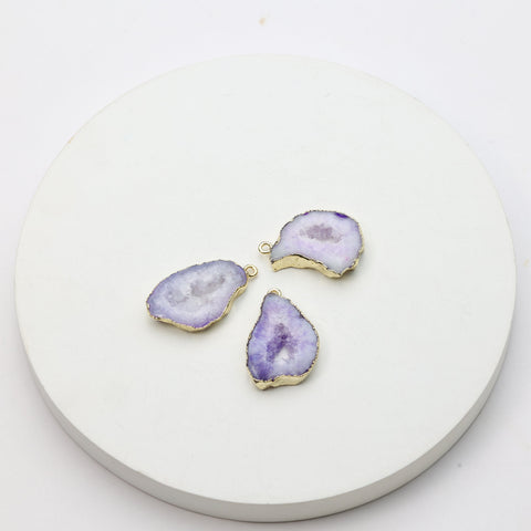 Purple agate geode slice connectors with textured druzy interiors and gold edging