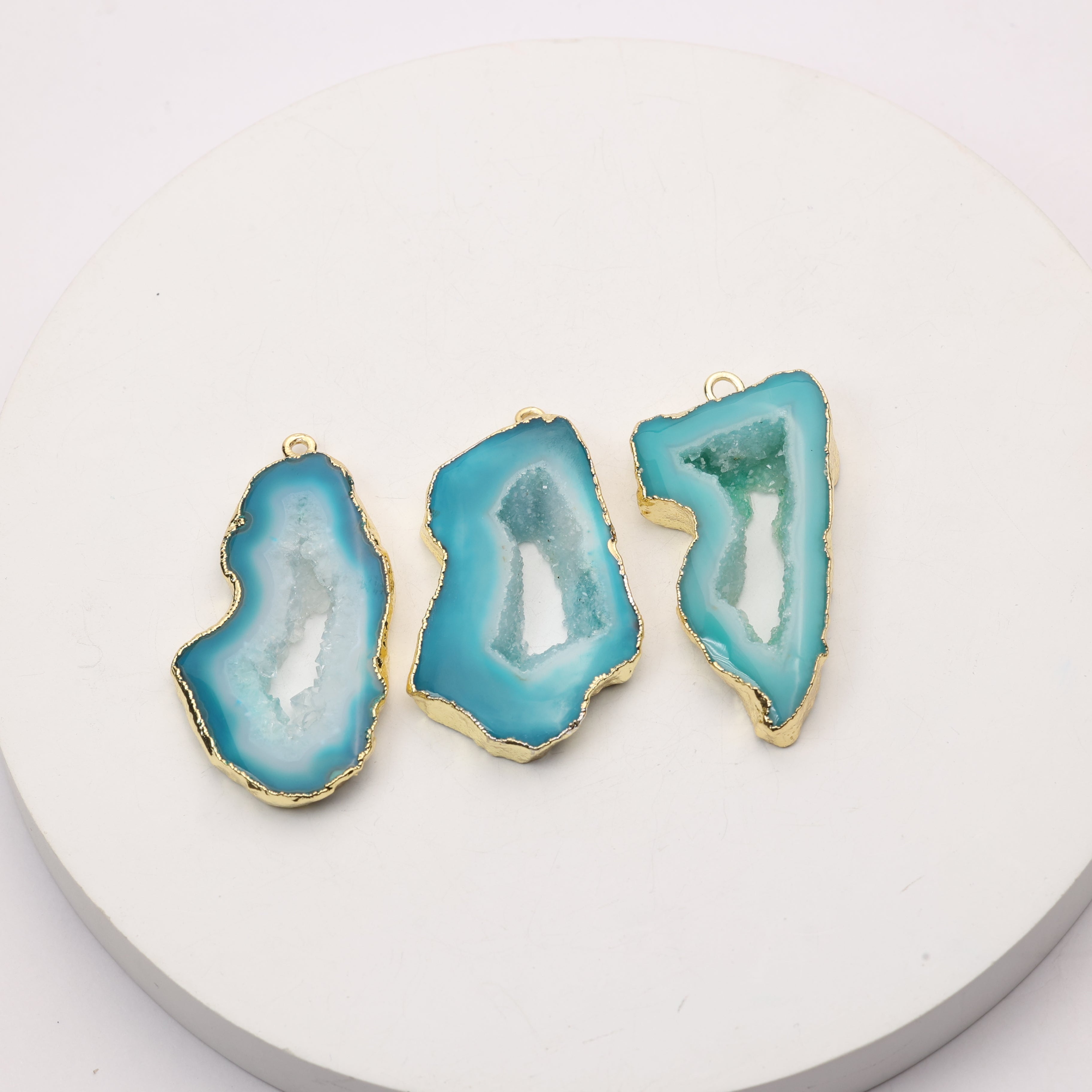 Teal geode slice connector for fashion jewelry