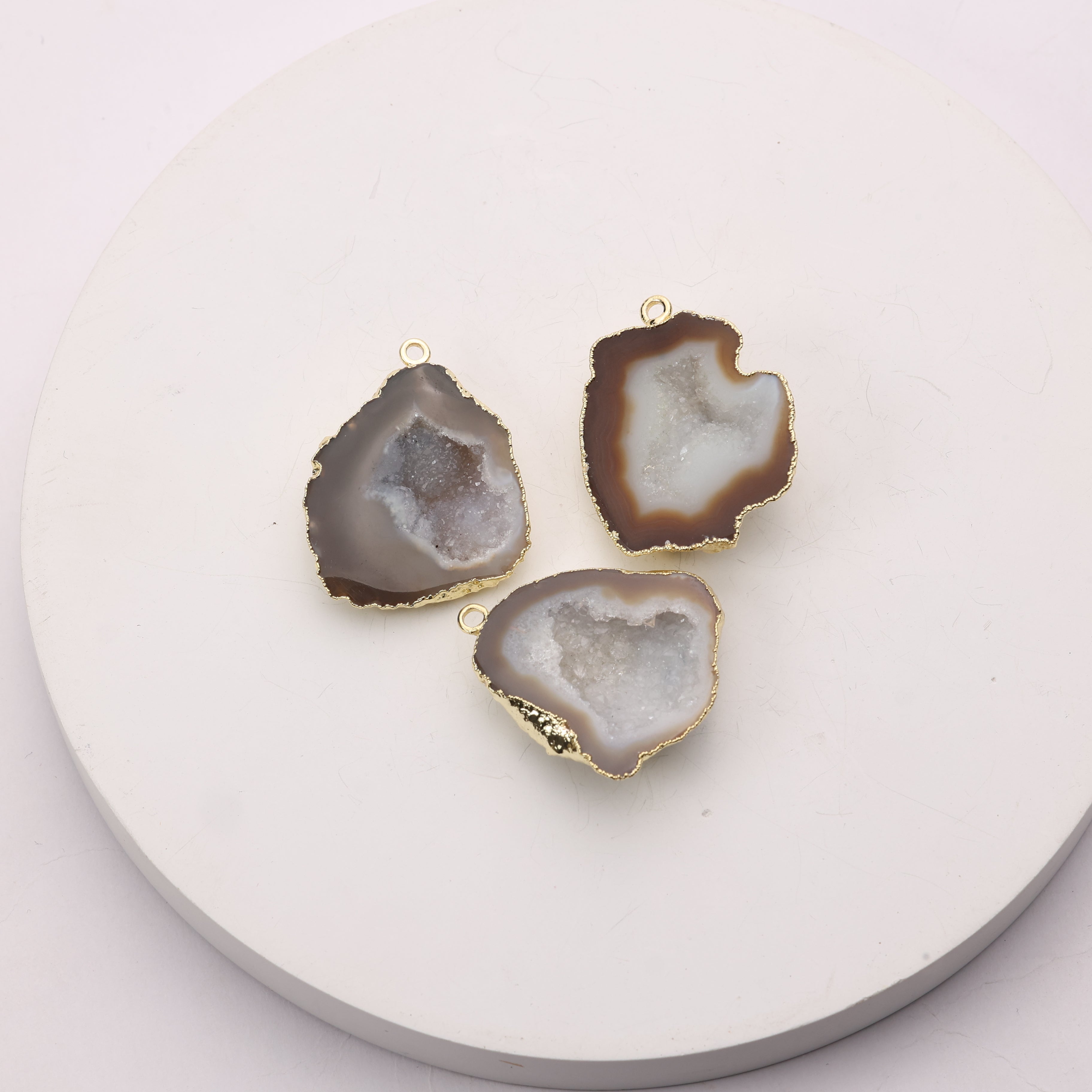 Polished agate druzy gemstone connector beige