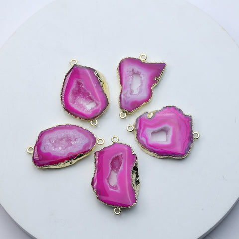 Pink agate geode slice druzy connector 25–30mm natural gemstone for handmade jewelry