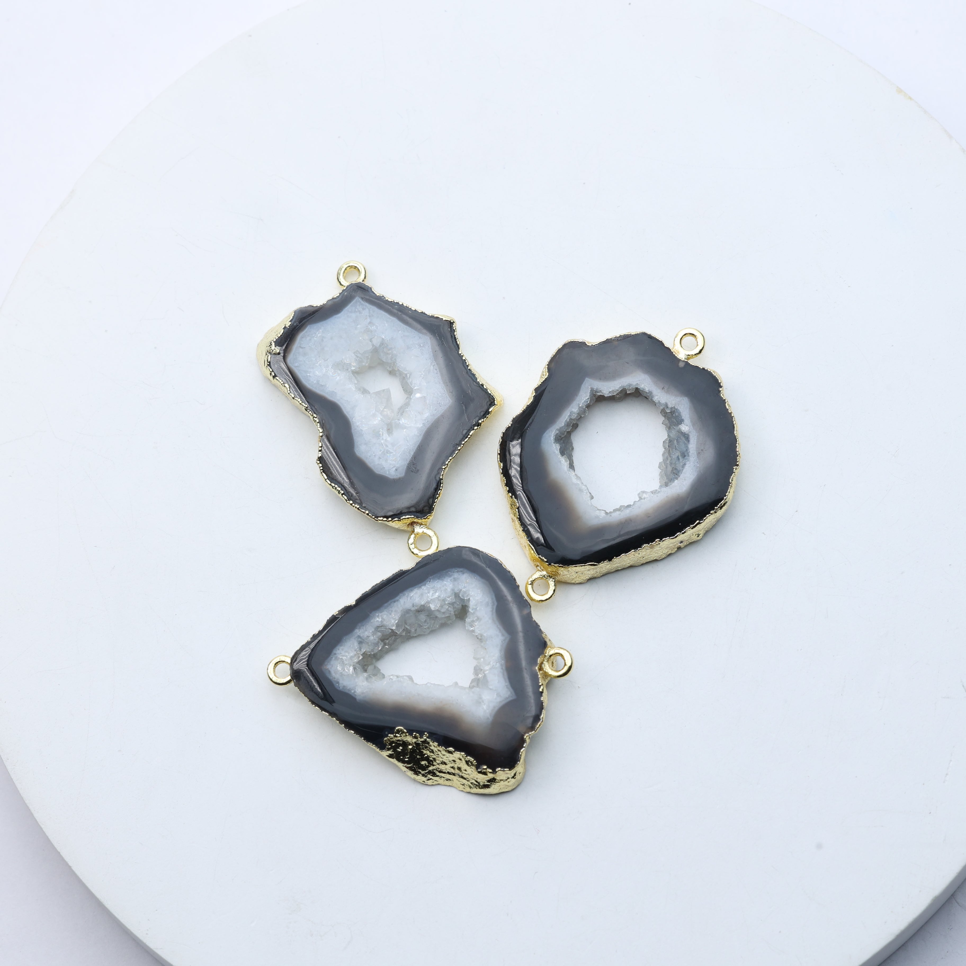 Natural grey geode slice connectors with sparkling druzy centers and gold-plated edges