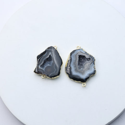 Raw druzy geode slice charms in grey with gold trim for jewelry crafting