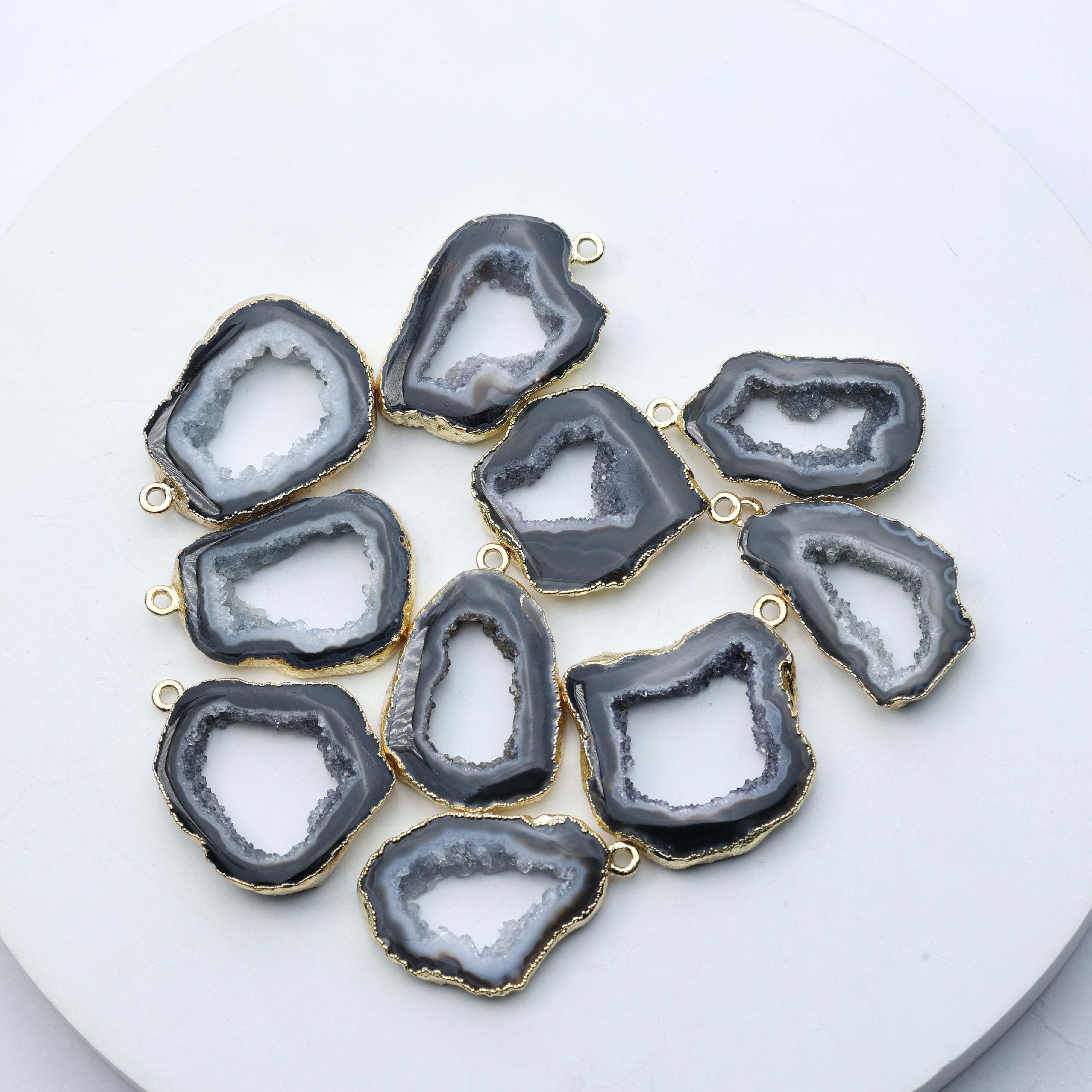 Irregular grey geode slice pendants with druzy crystals and gold trim