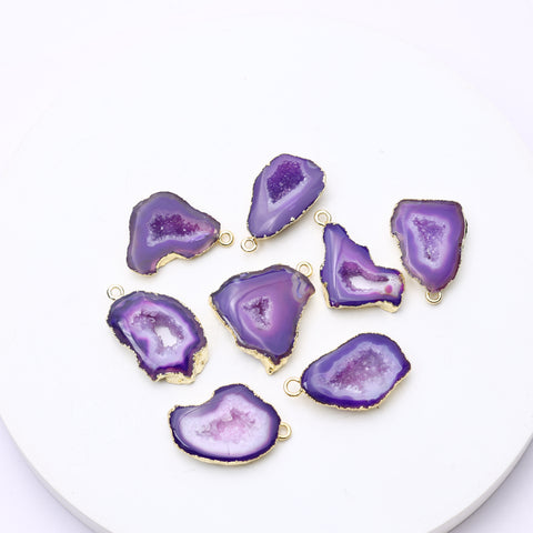Polished purple geode slice charms featuring layered agate and sparkly druzy