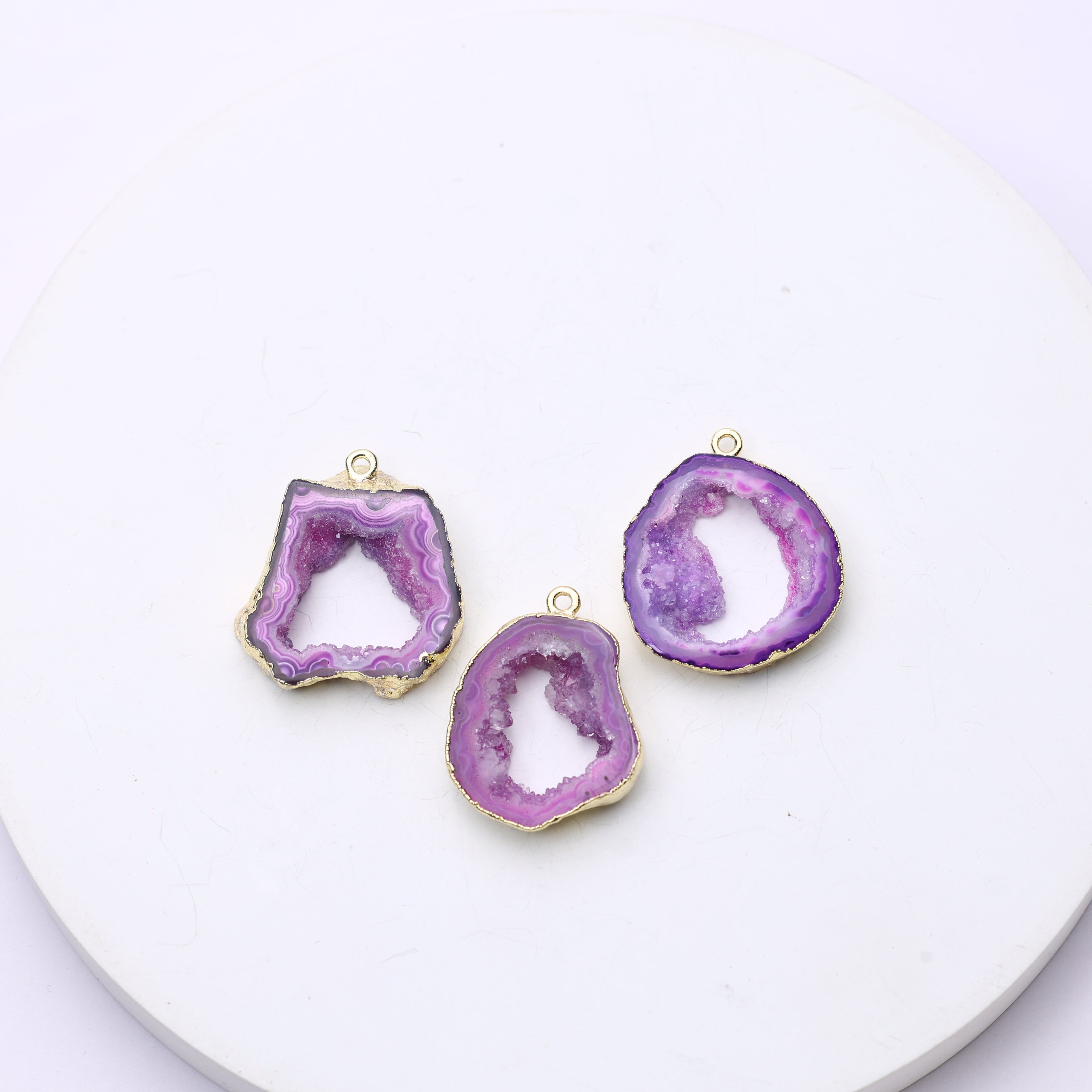 Purple agate geode slice connectors for bracelets and necklaces with gold edges