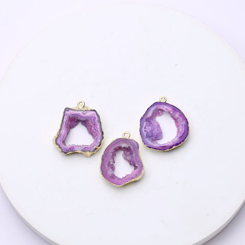 Purple agate geode slice connectors for bracelets and necklaces with gold edges