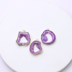 Purple agate geode slice connectors for bracelets and necklaces with gold edges