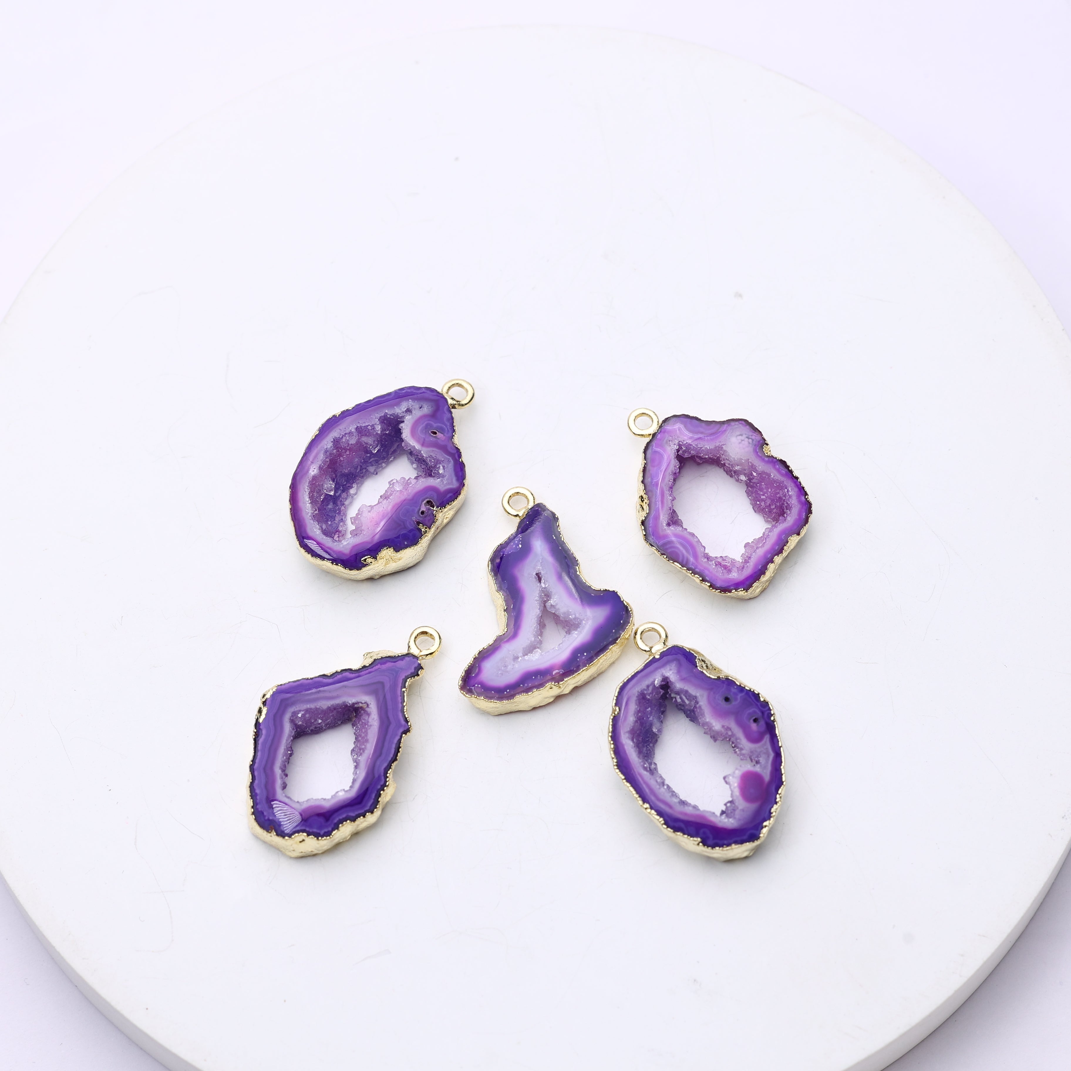 Dyed purple geode slice pendants with druzy crystal texture and gold plating