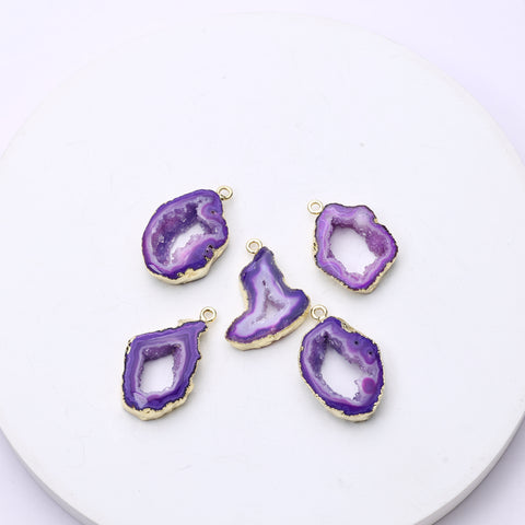 Dyed purple geode slice pendants with druzy crystal texture and gold plating