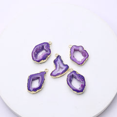 Dyed purple geode slice pendants with druzy crystal texture and gold plating