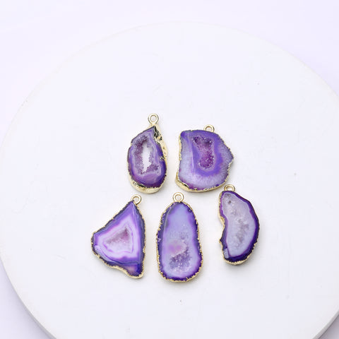 Unique purple geode slice connectors with raw druzy sparkle and gold rims