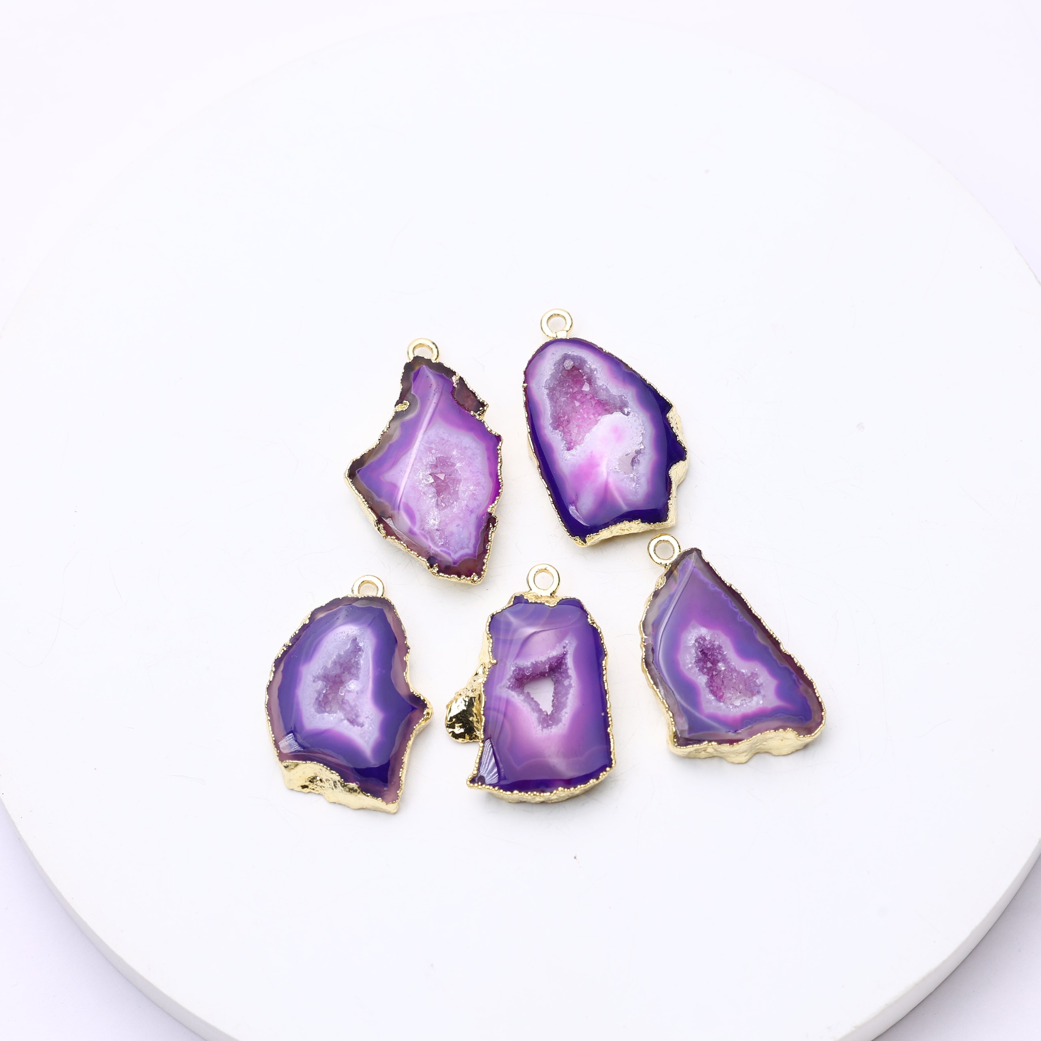Natural agate purple geode connectors with gold-plated bezels and crystal centers