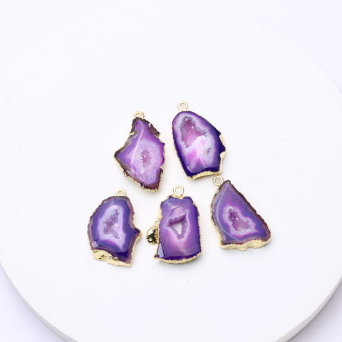 Natural agate purple geode connectors with gold-plated bezels and crystal centers