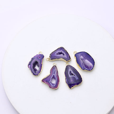 Thin purple geode slice pendants for jewelry making with druzy and gold borders