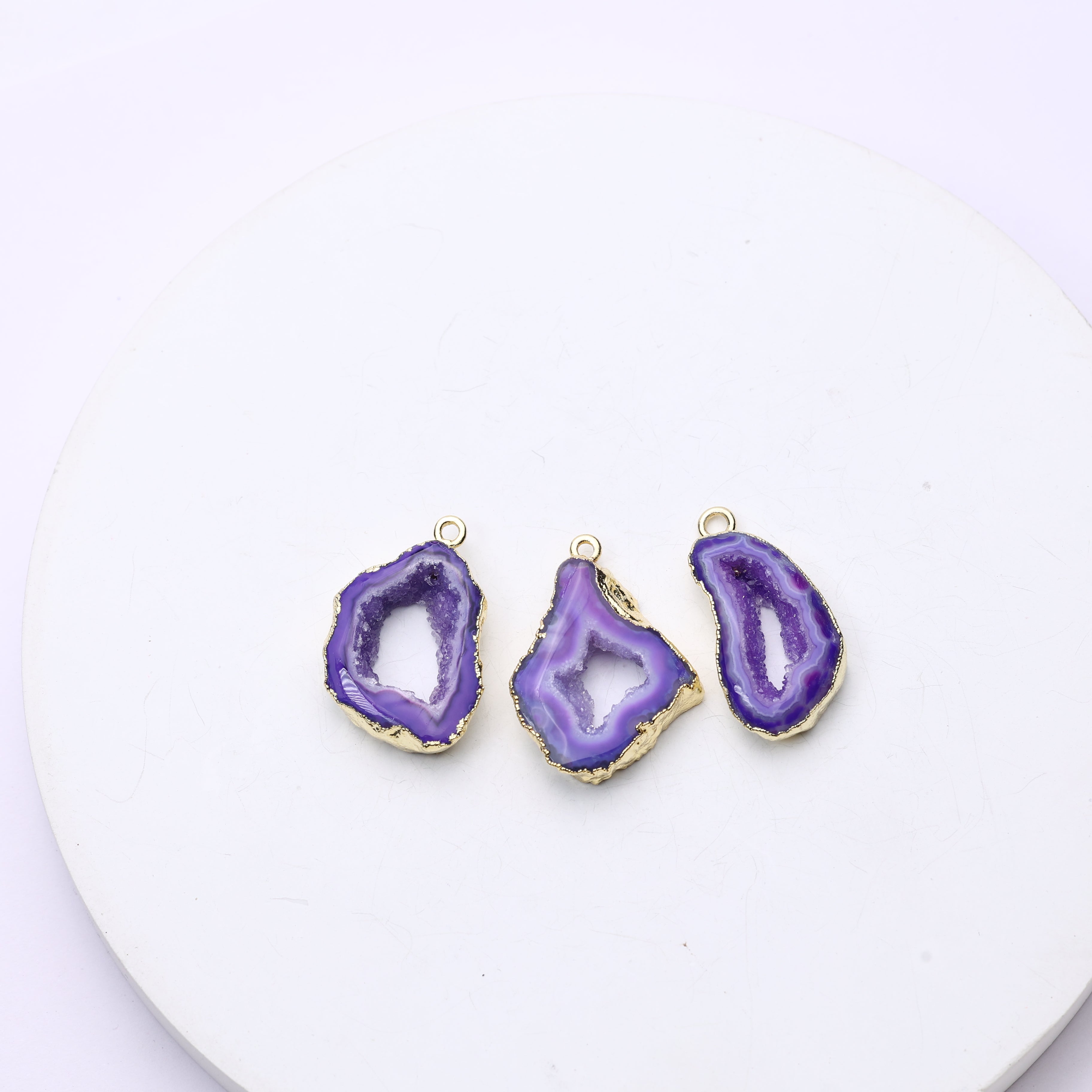 Purple druzy agate geode connectors with metallic gold plating and crystal texture