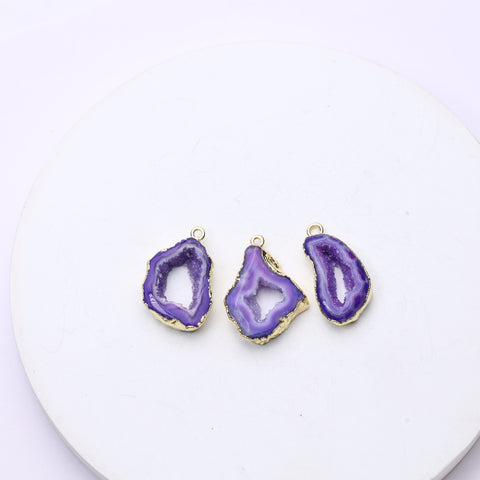 Purple druzy agate geode connectors with metallic gold plating and crystal texture