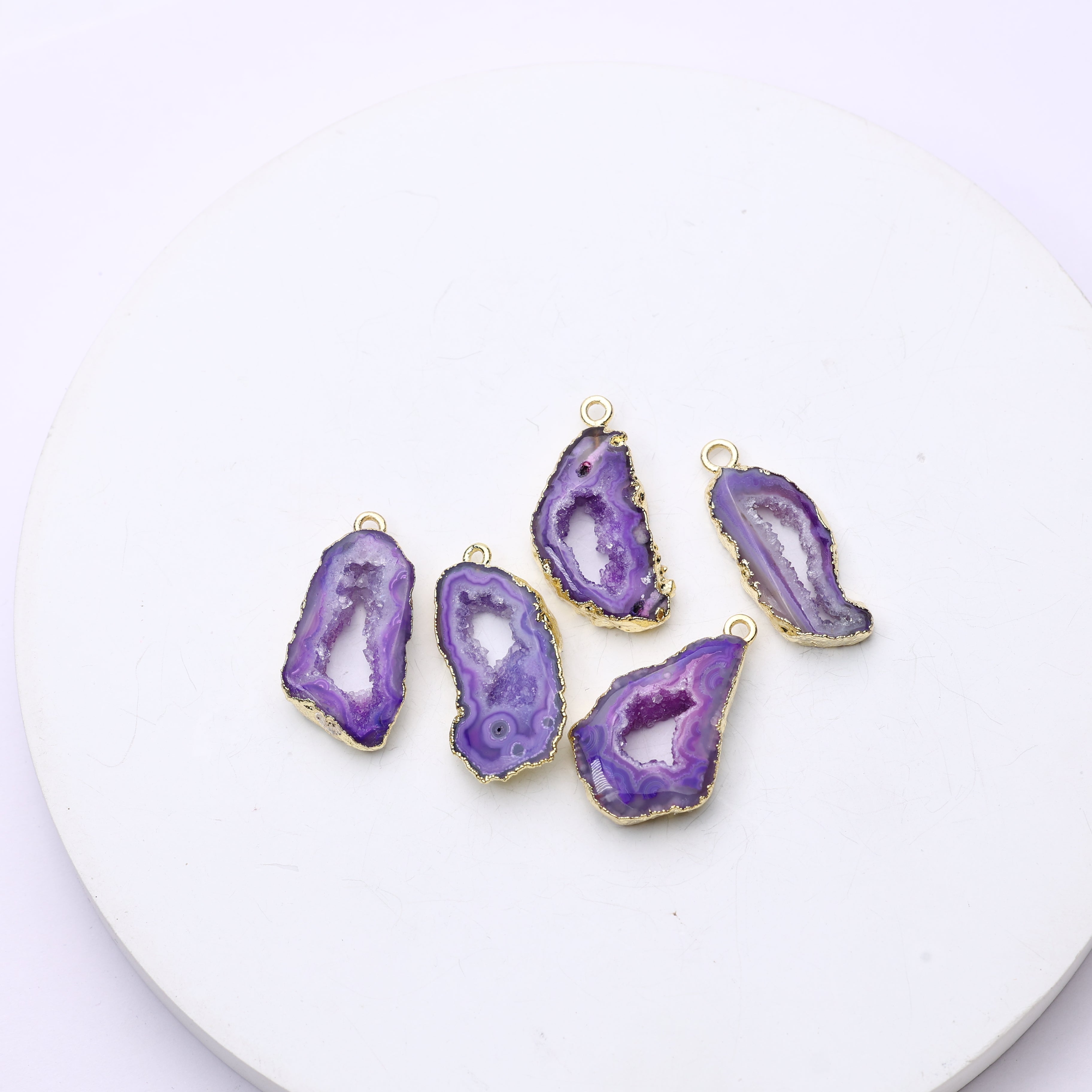 Purple druzy geode slice components trimmed with gold for jewelry crafting