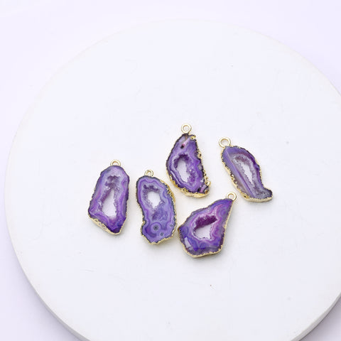 Purple druzy geode slice components trimmed with gold for jewelry crafting