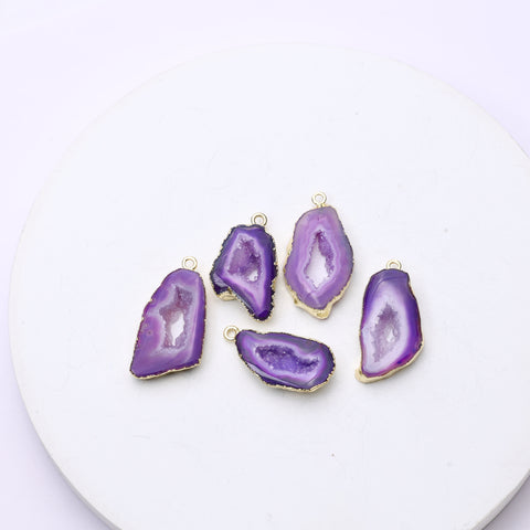 Gold-edged purple geode slice connectors featuring natural crystal druzy