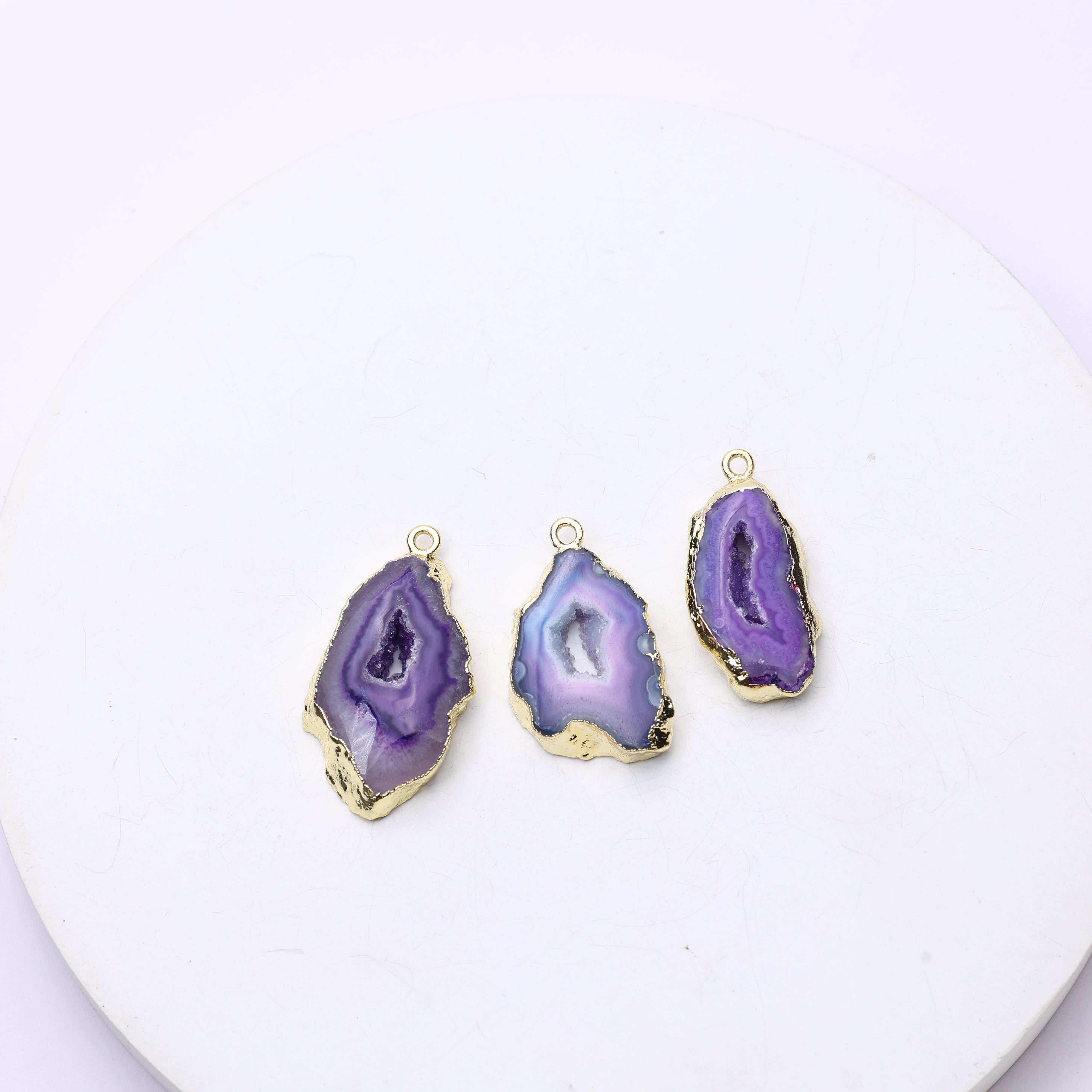 Purple gemstone geode slice connectors with shimmering druzy and gold frames