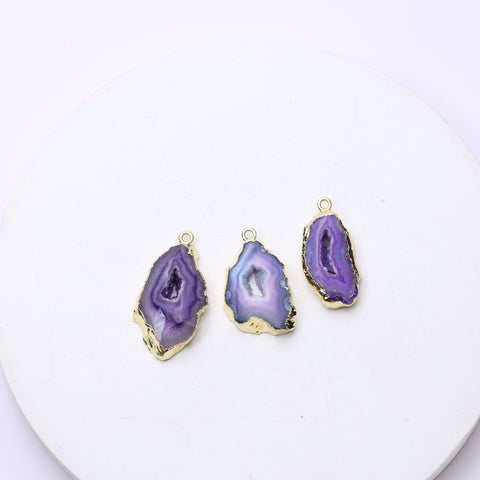 Purple gemstone geode slice connectors with shimmering druzy and gold frames