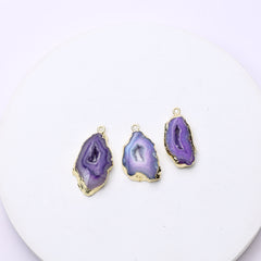 Purple gemstone geode slice connectors with shimmering druzy and gold frames