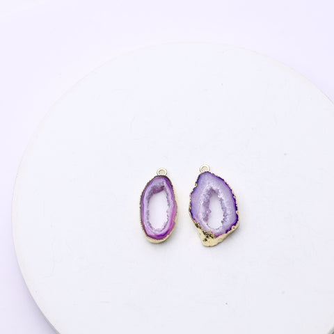 Elongated purple geode shell connectors with natural druzy crystals and gold trim