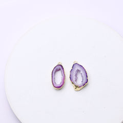 Elongated purple geode shell connectors with natural druzy crystals and gold trim